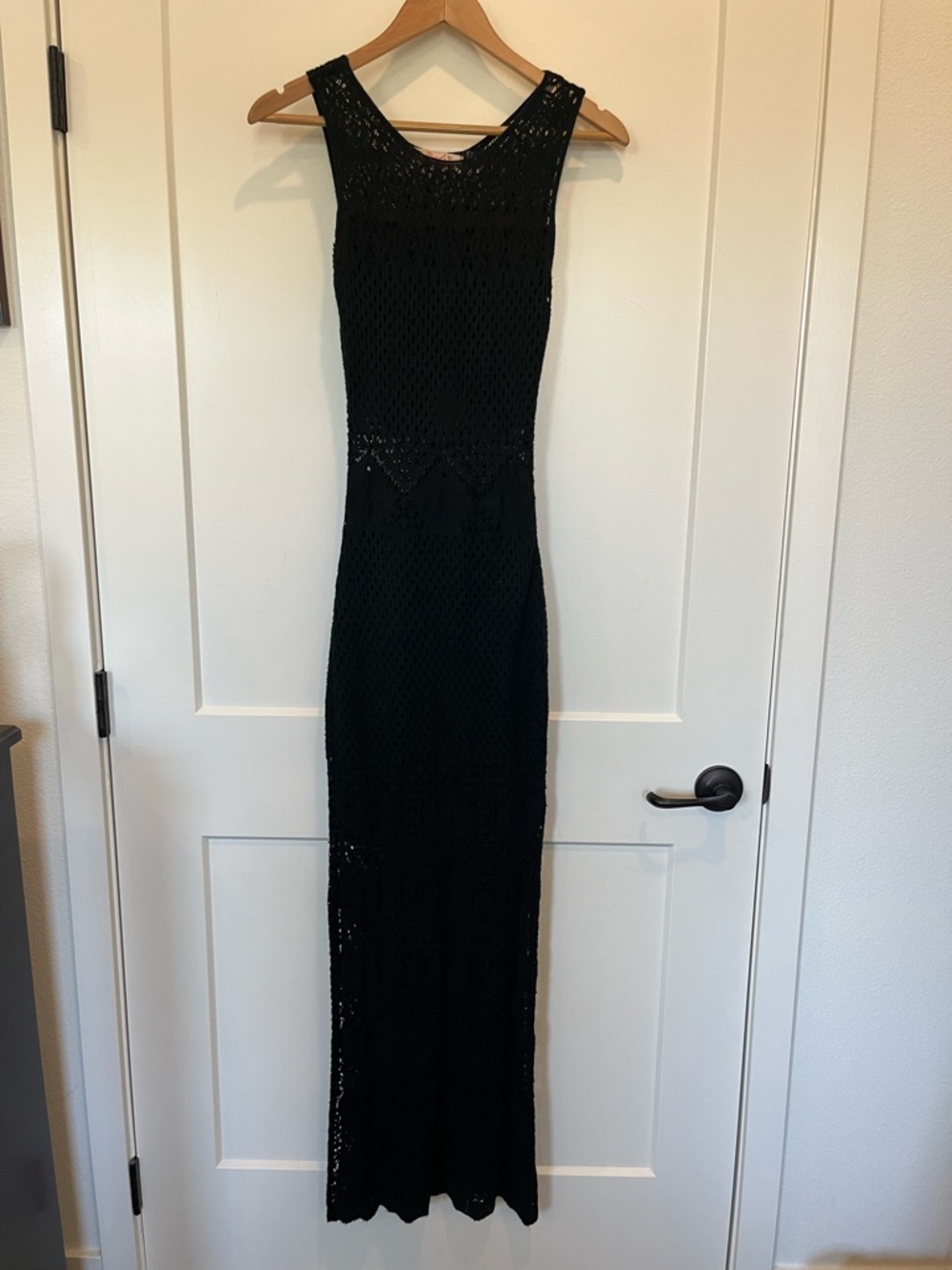 Open knit black crochet maxi whimsigoth boho Beachy vamp indie goth dress Sz S